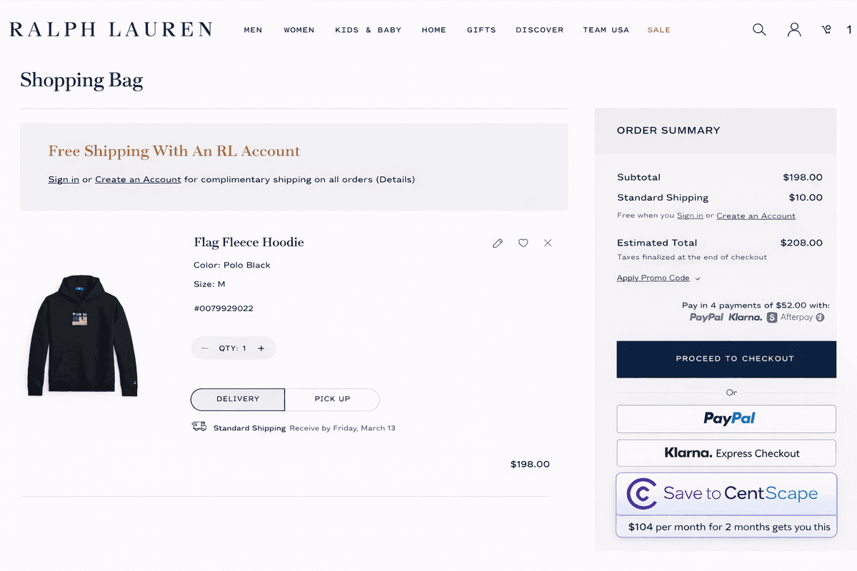 Save to Centscape checkout plugin on Ralph Lauren